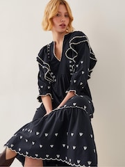 Monsoon Black Freya Frill Jersey 100% Cotton Midi Dress - Image 4 of 4