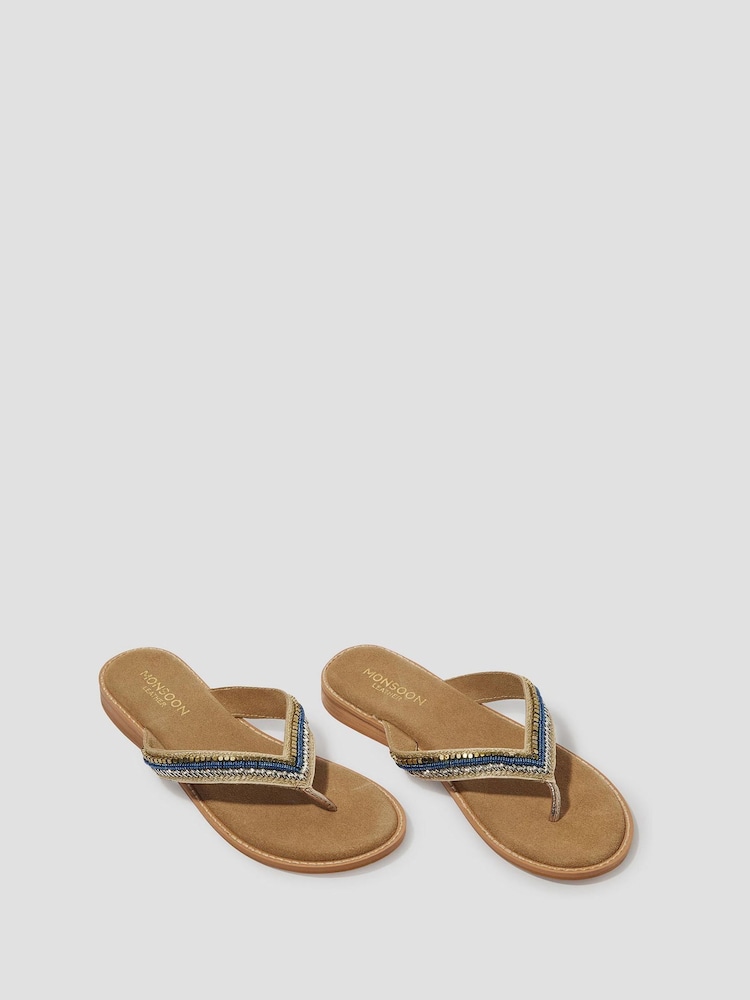 Monsoon Blue Sia Beaded Leather Flip Flop Sandals - Image 1 of 3