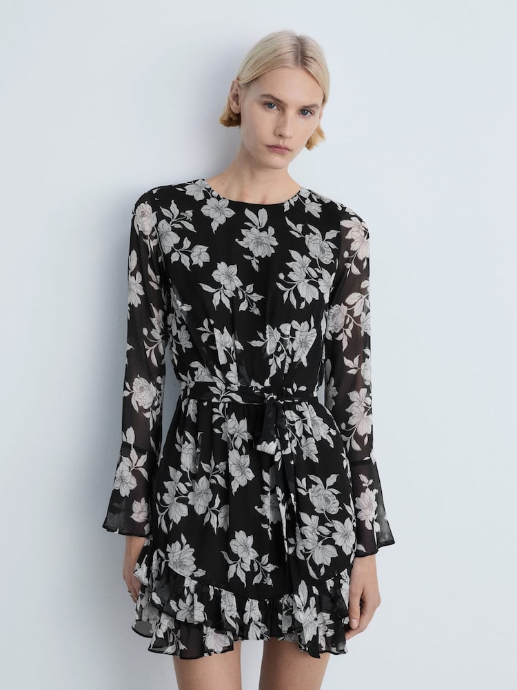 Mango Black Ruffled Floral Print Mini Dress - Image 1 of 7