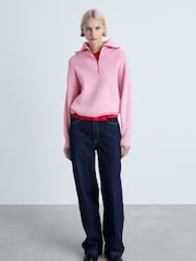 Mango Pink Contrasting Knitted Sweater With Zip - Image 1 of 6
