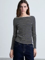 Mango Blue Striped Boat-Neck T-Shirt - Image 1 of 6