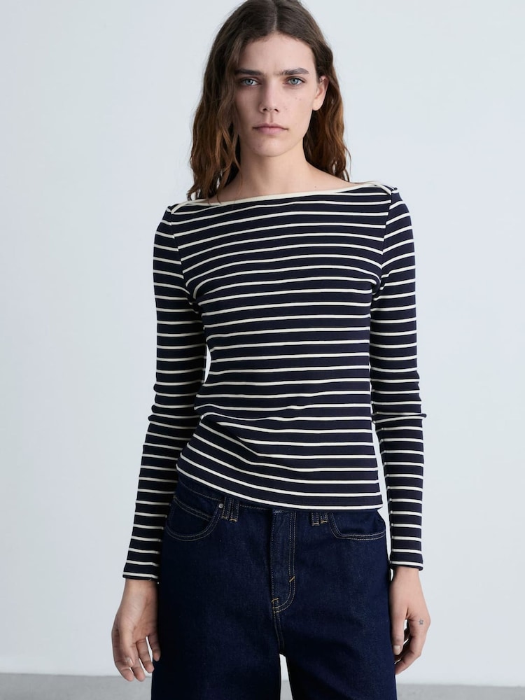 Mango Blue Striped Boat-Neck T-Shirt - Image 1 of 6