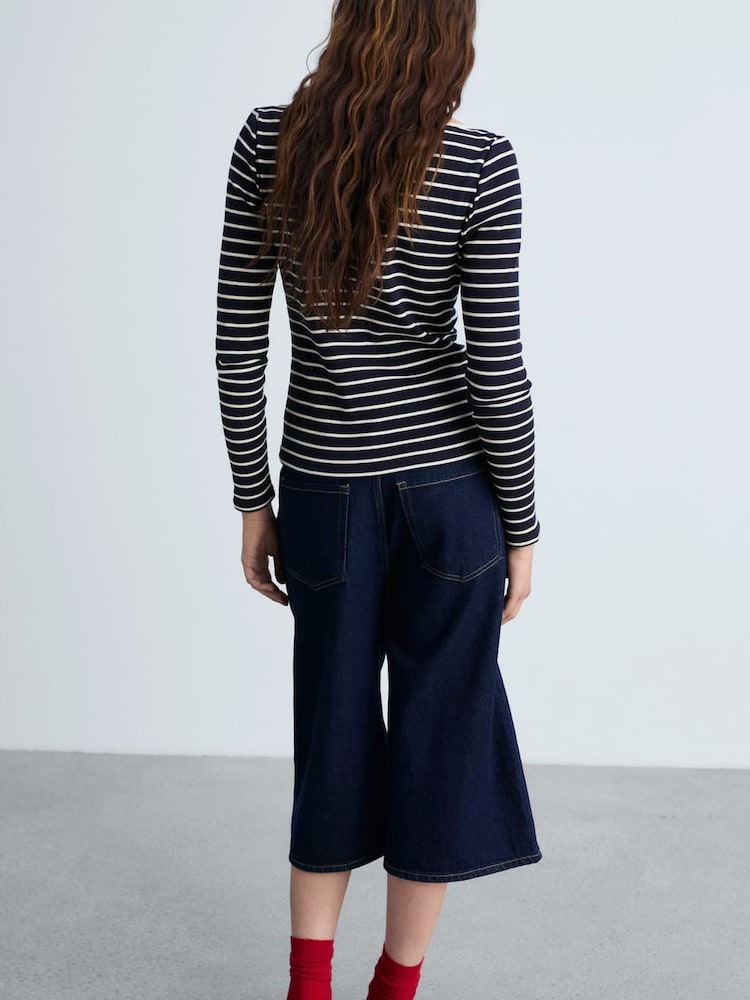 Mango Blue Striped Boat-Neck T-Shirt - Image 2 of 6
