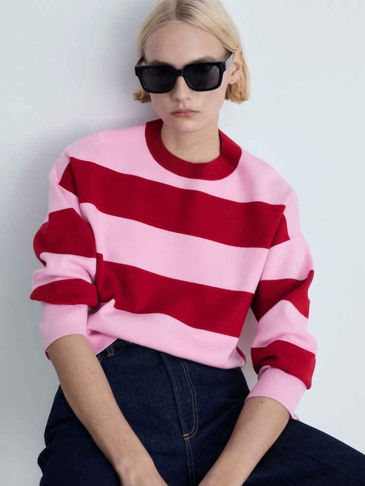 Mango Red Round-Neck Striped Sweater - Image 1 of 7