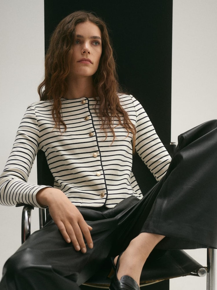 Mango Cream Stripped Knit Cardigan - Image 1 of 6