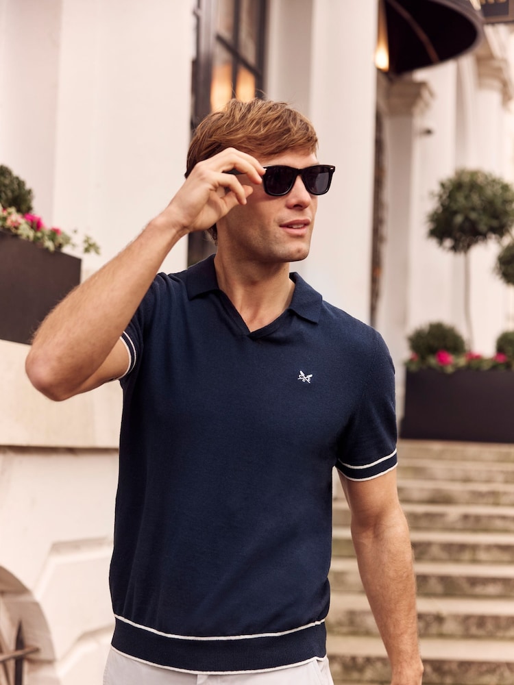 Crew Clothing Company Blue Johnny Collar Polo Shirt - Image 1 of 8 Crew Clothing Company Blue Johnny Collar Polo Shirt - Image 1 of 8