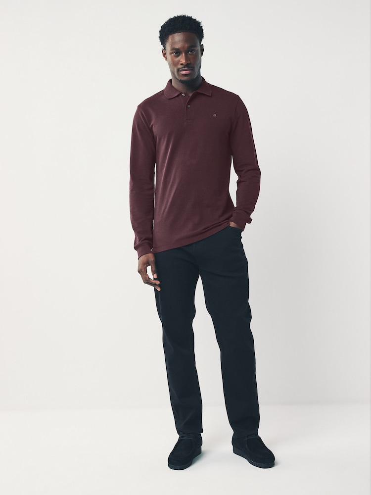 Burgundy Red Regular Fit Long Sleeve Pique Polo Shirt - Image 2 of 7