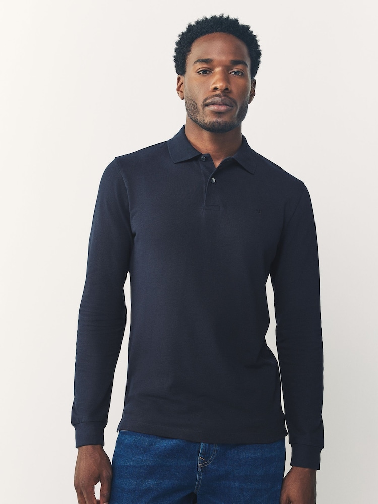 Navy Blue Slim Fit Long Sleeve Pique Polo Shirt - Image 1 of 7