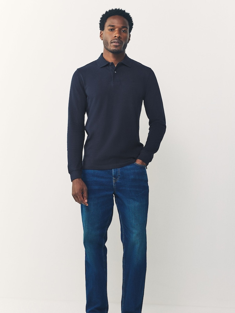 Navy Blue Slim Fit Long Sleeve Pique Polo Shirt - Image 2 of 7
