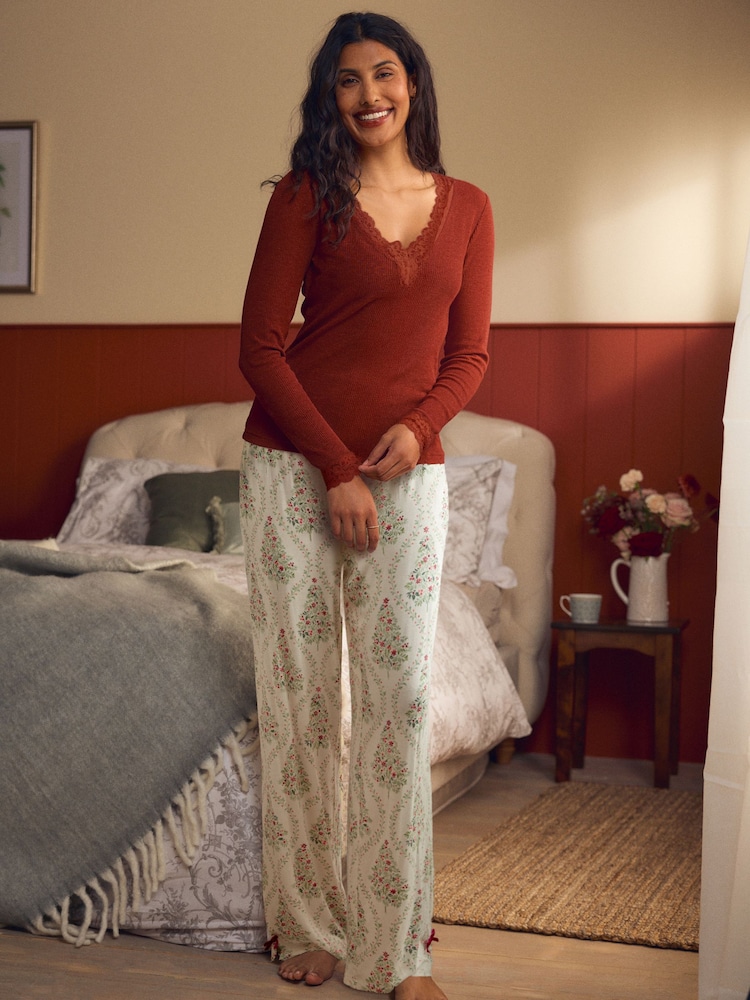 Laura Ashley Ecru Long Sleeve Jersey Woven Christmas Pyjamas - Image 1 of 15