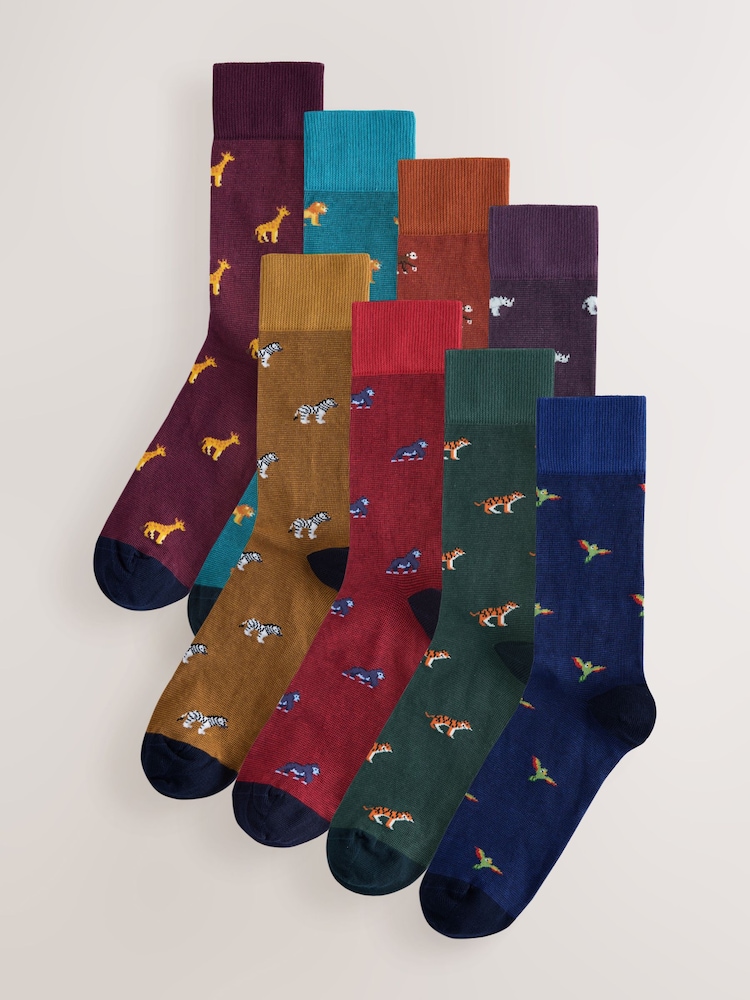 Blue/Red Safari Animals Fun Pattern Socks 8 Pack - Image 1 of 11