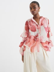 River Island Pink Ruffled Sleeve Floral Print Blouse - Image 1 of 6