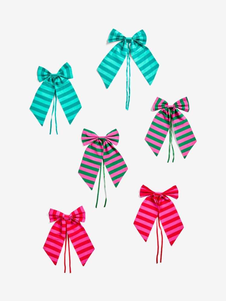 6 Pack Bright Stripey Bow Christmas Baubles - Image 1 of 3 6 Pack Bright Stripey Bow Christmas Baubles - Image 1 of 3
