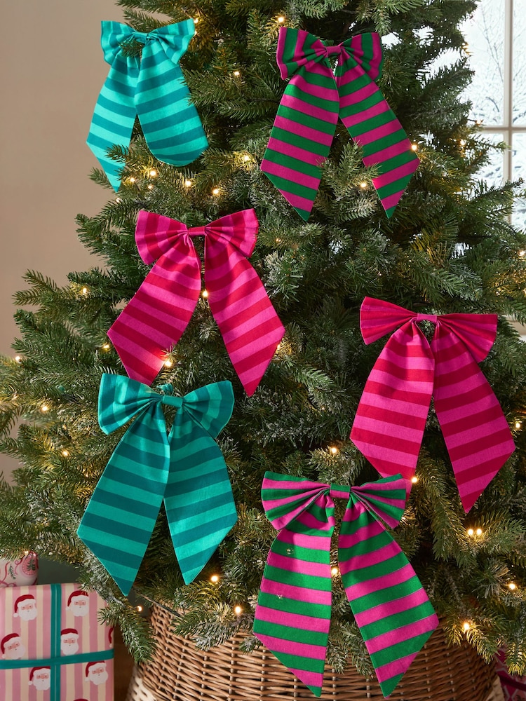 6 Pack Bright Stripey Bow Christmas Baubles - Image 3 of 3 6 Pack Bright Stripey Bow Christmas Baubles - Image 3 of 3