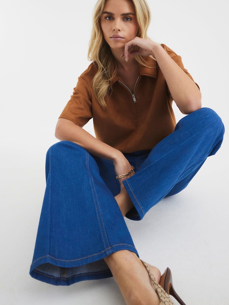 River Island Blue Petite High Rise Relaxed Flare Jeans - Image 1 of 4 River Island Blue Petite High Rise Relaxed Flare Jeans - Image 1 of 4
