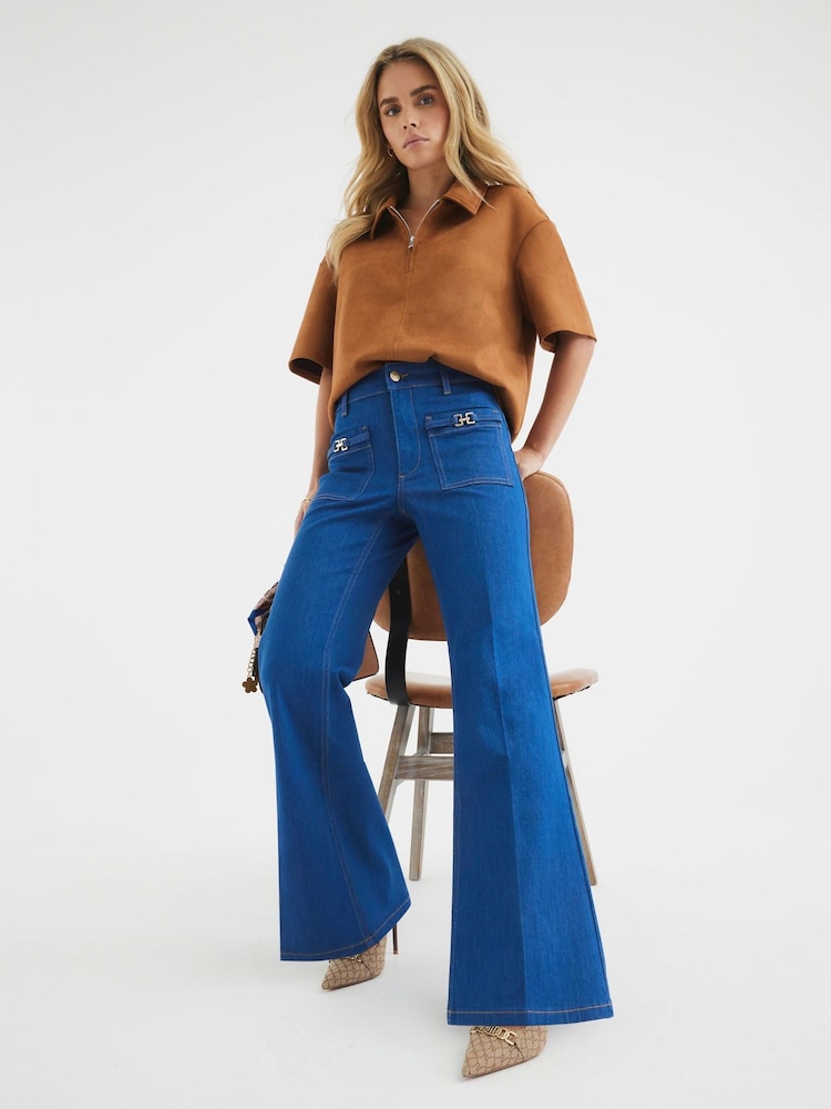River Island Blue Petite High Rise Relaxed Flare Jeans - Image 2 of 4 River Island Blue Petite High Rise Relaxed Flare Jeans - Image 2 of 4