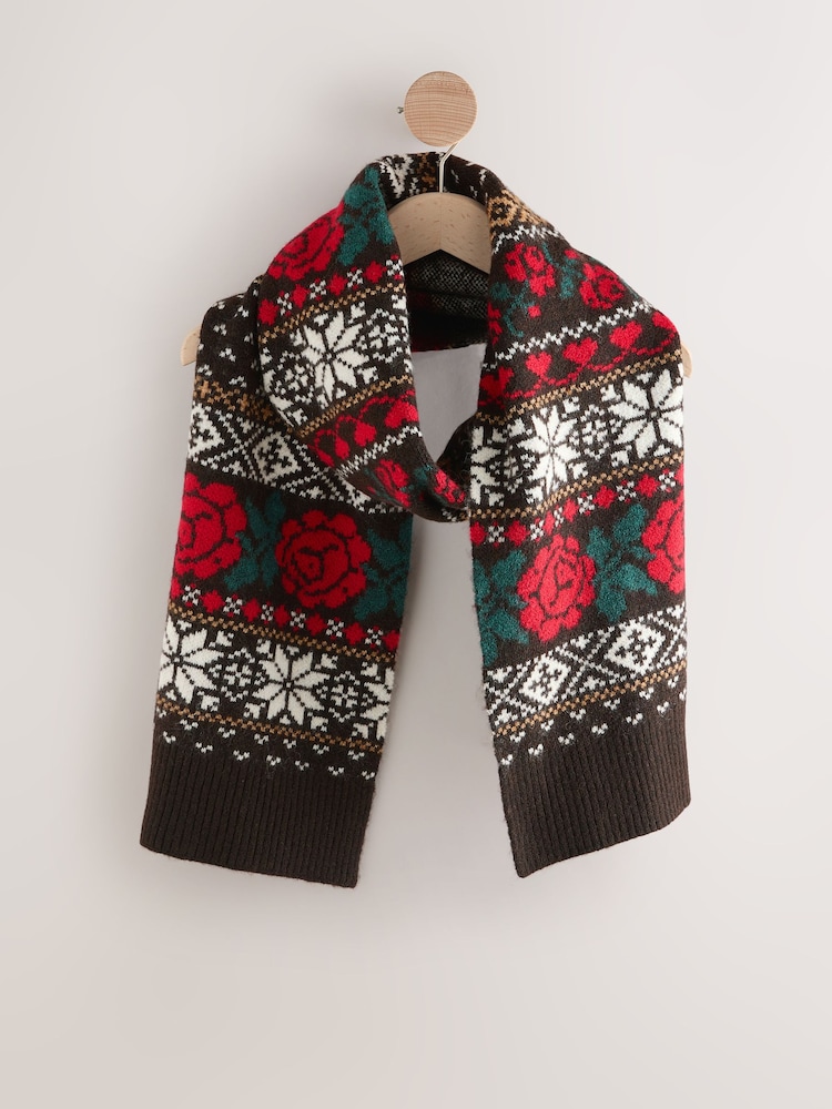 Chocolate Brown Fairisle Knitted Scarf - Image 1 of 3