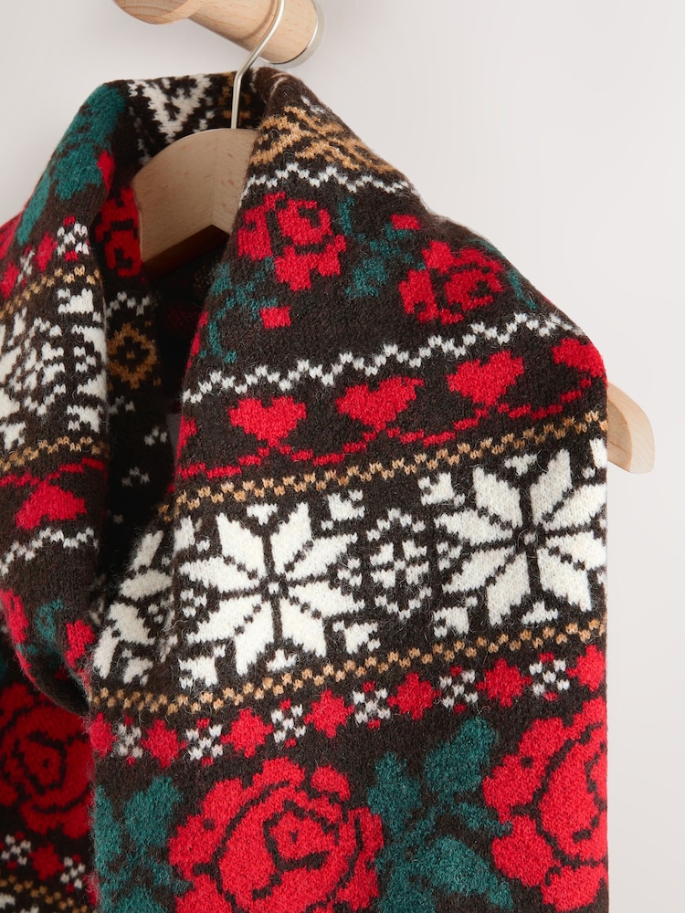 Chocolate Brown Fairisle Knitted Scarf - Image 2 of 3