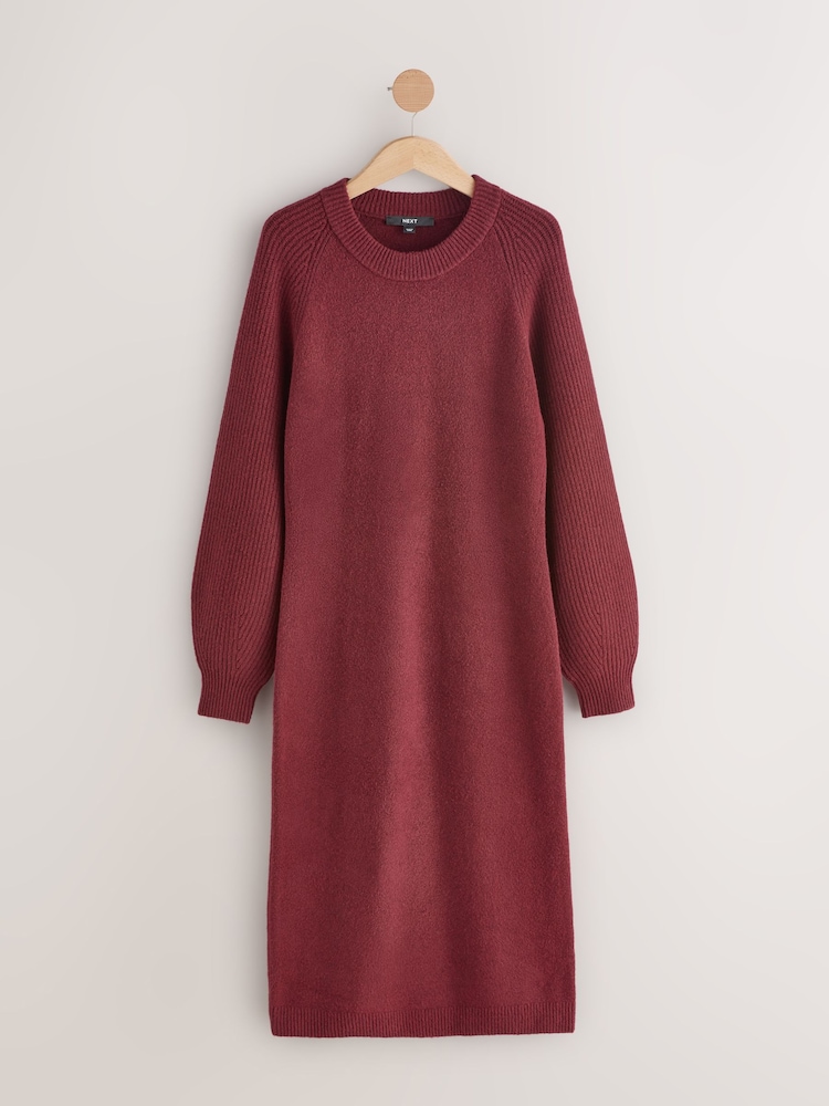 Vermelho Borgonha - Vestido midi de malha com manga canelada supermacia - Imagem 1 de 4