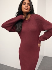 Burgundy Red Supersoft Ribbed Sleeve Knitted Midi Dress - Image 5 of 8