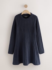 Navy Blue Cable Knit Mini Skater Dress With Wool - Image 1 of 3