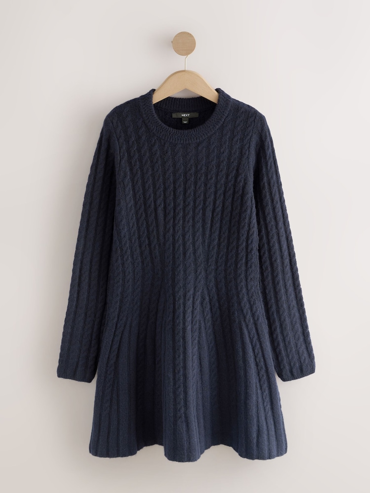 Navy Blue Cable Knit Mini Skater Dress With Wool - Image 1 of 3 Navy Blue Cable Knit Mini Skater Dress With Wool - Image 1 of 3