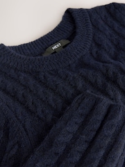 Navy Blue Cable Knit Mini Skater Dress With Wool - Image 2 of 3