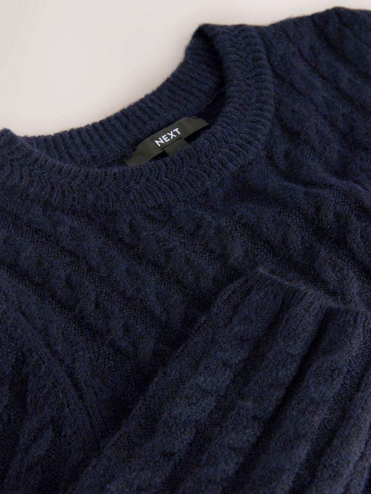 Navy Blue Cable Knit Mini Skater Dress With Wool - Image 2 of 3 Navy Blue Cable Knit Mini Skater Dress With Wool - Image 2 of 3