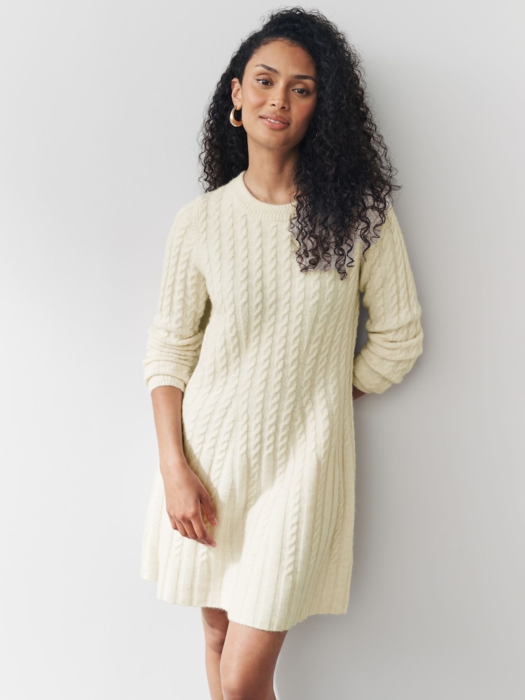 Ecru Cable Knit Mini Skater Dress With Wool - Image 1 of 6 Ecru Cable Knit Mini Skater Dress With Wool - Image 1 of 6