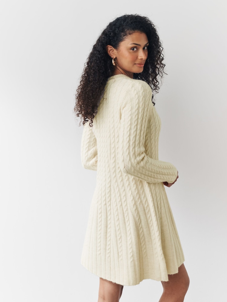 Ecru Cable Knit Mini Skater Dress With Wool - Image 2 of 6 Ecru Cable Knit Mini Skater Dress With Wool - Image 2 of 6