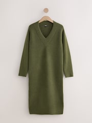 Verde cáqui - Vestido midi super macio com decote em V e lã - Imagem 1 de 4