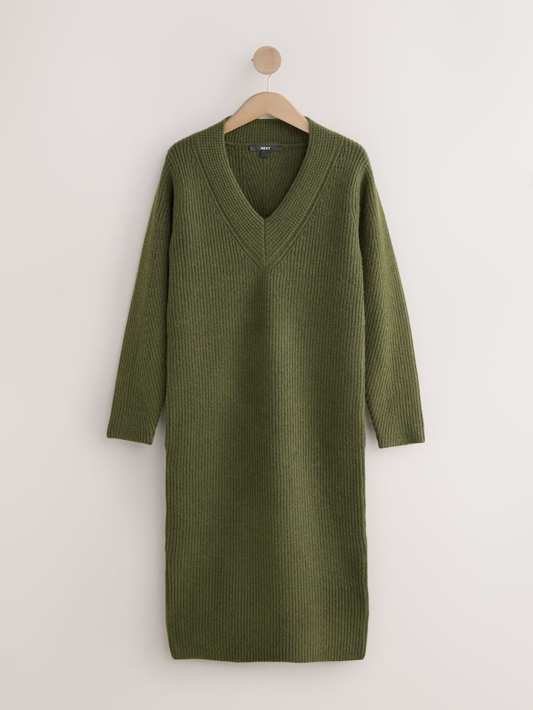 Khaki Green Super Soft V-Neck Midi Dress With Wool - Image 1 of 4 Khaki Green Super Soft V-Neck Midi Dress With Wool - Image 1 of 4