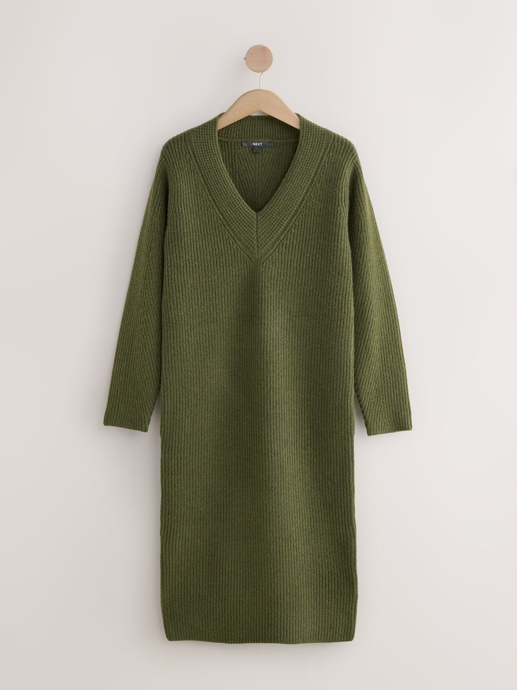 Buy Khaki Green Super Soft V-Neck Midi Dress With Wool from Next USA
