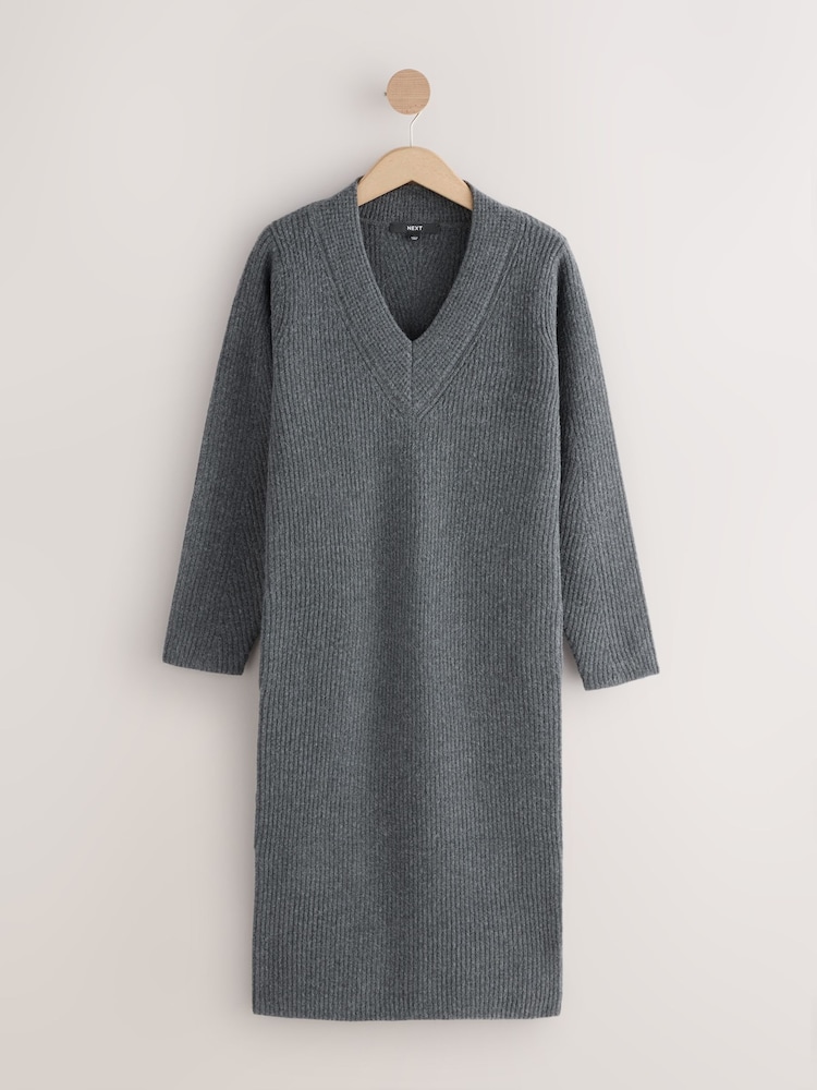 Cinza carvão - Vestido midi super macio com decote em V e lã - Imagem 1 de 4