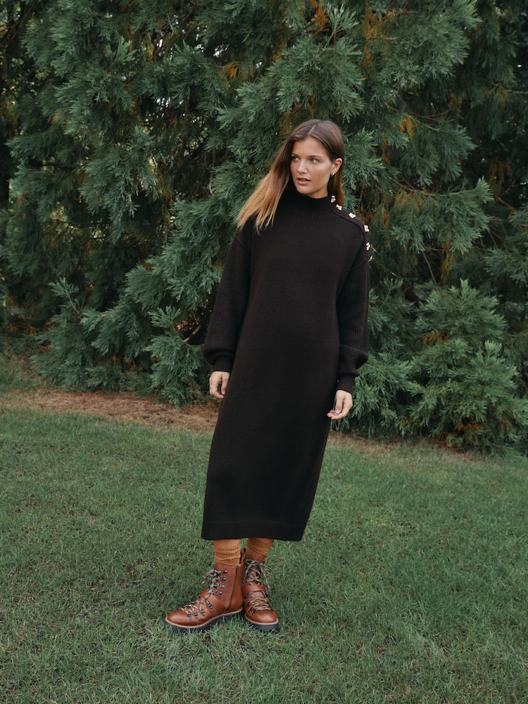 Čokoladno rjava - Stand Neck Knitted Midi Dress - Slika 2 iz 9