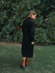 Čokoladno rjava - Stand Neck Knitted Midi Dress - Slika 3 iz 9