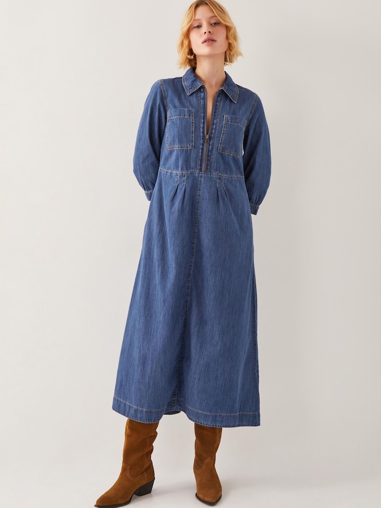 Monsoon Blue Bonnie Zip Denim 100% Cotton Shirt Dress - Image 1 of 5