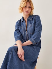 Monsoon Blue Bonnie Zip Denim 100% Cotton Shirt Dress - Image 4 of 5