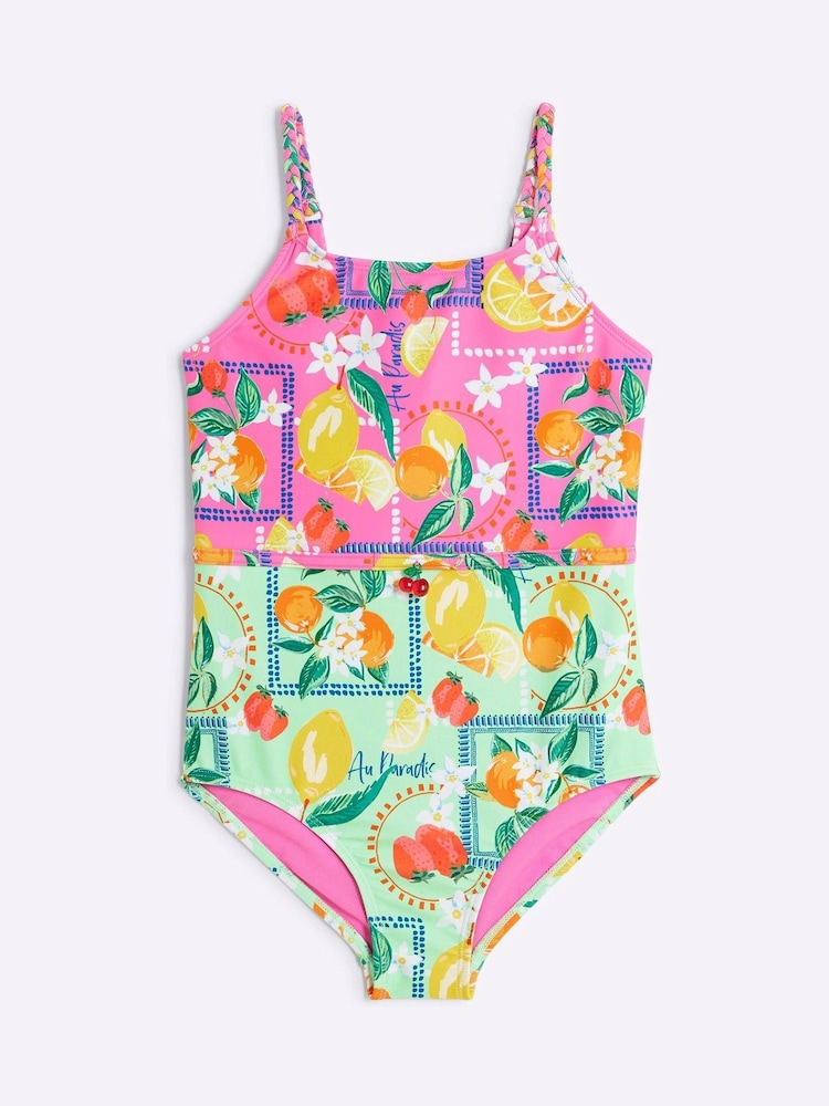 River Island Pink Girls Bright Lemon Blocked Swimsuit - Image 1 of 4