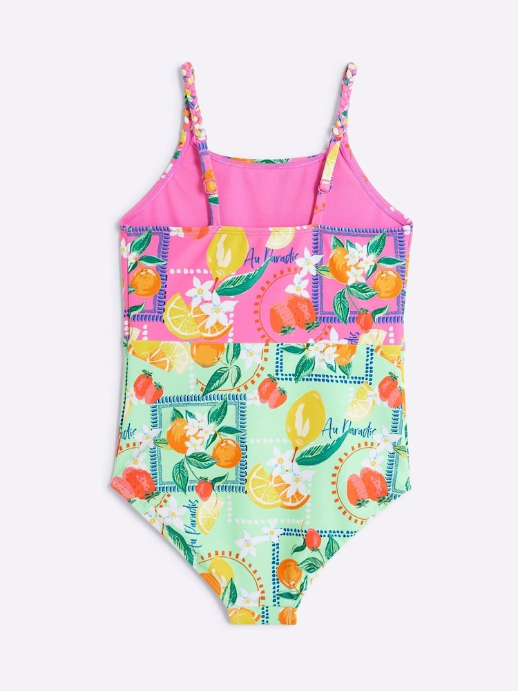 River Island Pink Girls Bright Lemon Blocked Swimsuit - Image 2 of 4