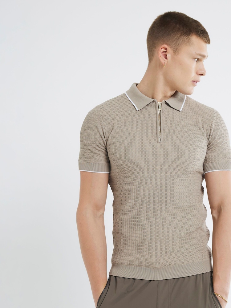 River Island Natural Stone Short Sleeve Muscle Fit Textured Tipped Polo Shirt - Image 1 of 6