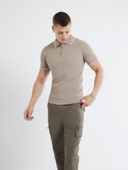 River Island Natural Stone Short Sleeve Muscle Fit Textured Tipped Polo Shirt - Image 2 of 6