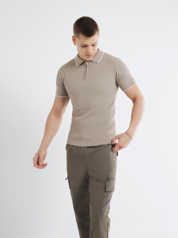 River Island Natural Stone Short Sleeve Muscle Fit Textured Tipped Polo Shirt - Image 2 of 6