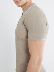 River Island Natural Stone Short Sleeve Muscle Fit Textured Tipped Polo Shirt - Image 3 of 6