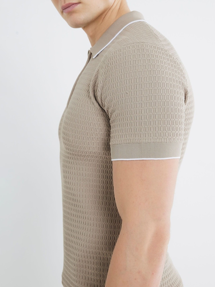 River Island Natural Stone Short Sleeve Muscle Fit Textured Tipped Polo Shirt - Image 3 of 6