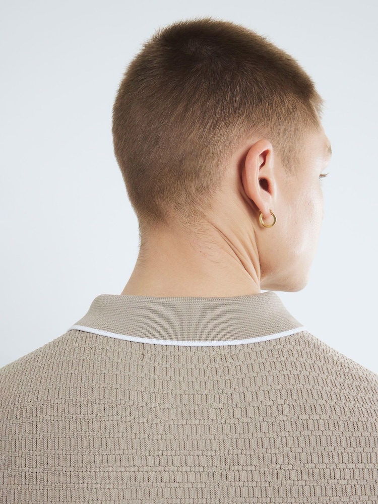 River Island Natural Stone Short Sleeve Muscle Fit Textured Tipped Polo Shirt - Image 4 of 6