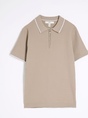 River Island Natural Stone Short Sleeve Muscle Fit Textured Tipped Polo Shirt - Image 5 of 6