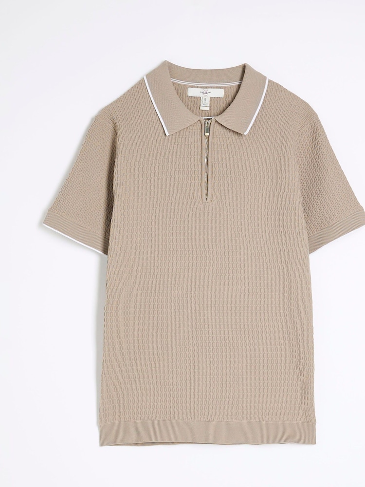 River Island Natural Stone Short Sleeve Muscle Fit Textured Tipped Polo Shirt - Image 5 of 6