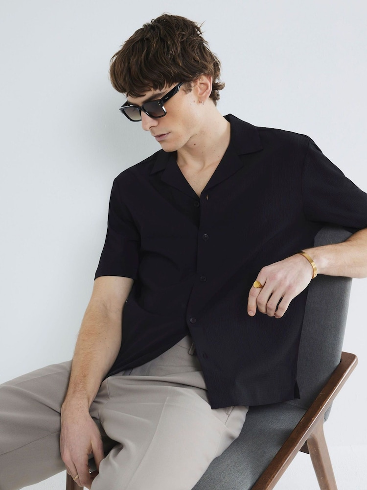River Island Black Short Sleeve Seersucker Shirt - Image 1 of 4
