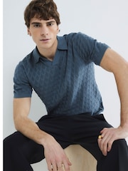 River Island Blue Short Sleeve Textured Open Collar 100% Cotton Polo Shirt - Image 1 of 4